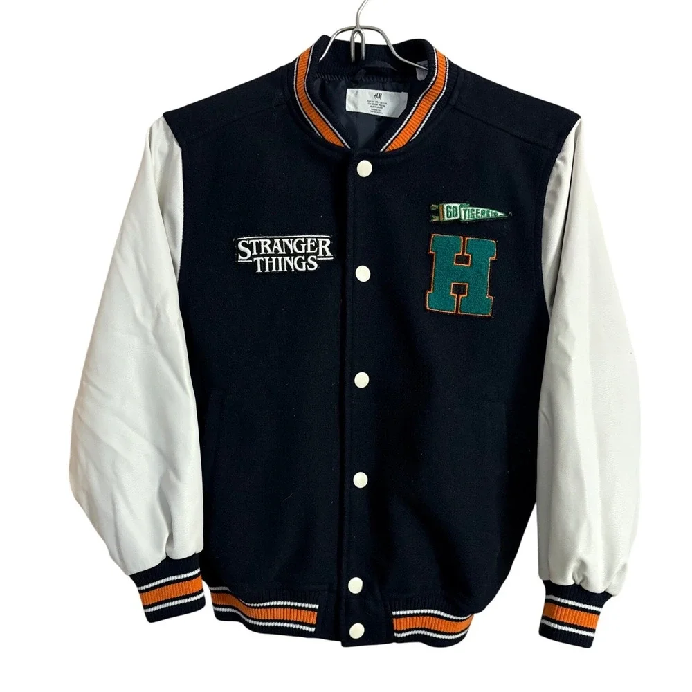 HM Stranger Things Hawkins High Varsity Jacket Navy Blue White Orange Large H